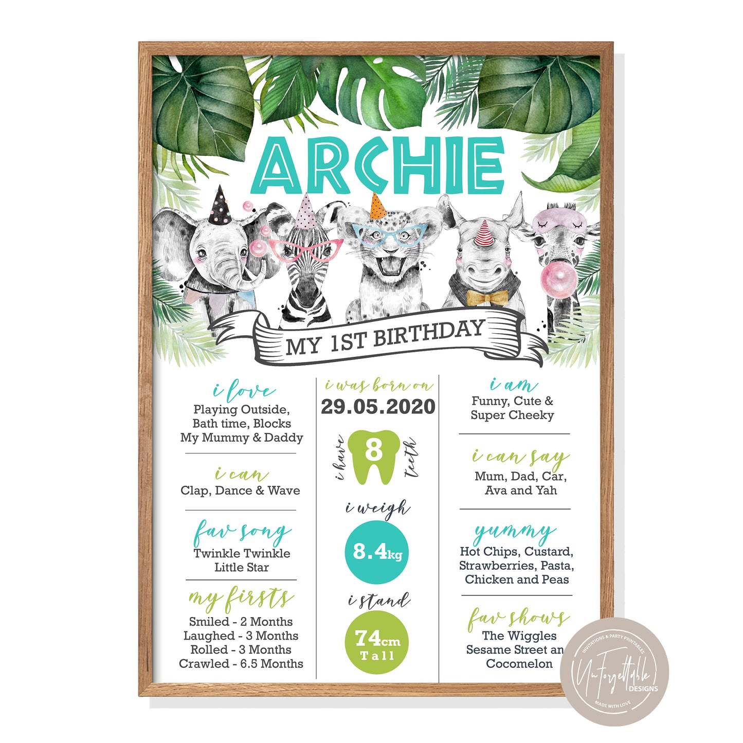 SAFARI PARTY ANIMALS - MILESTONE BOARD