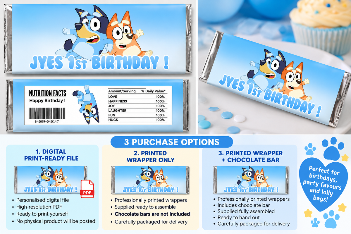 Bluey & Bingo Personalised Chocolate Bar Wrappers