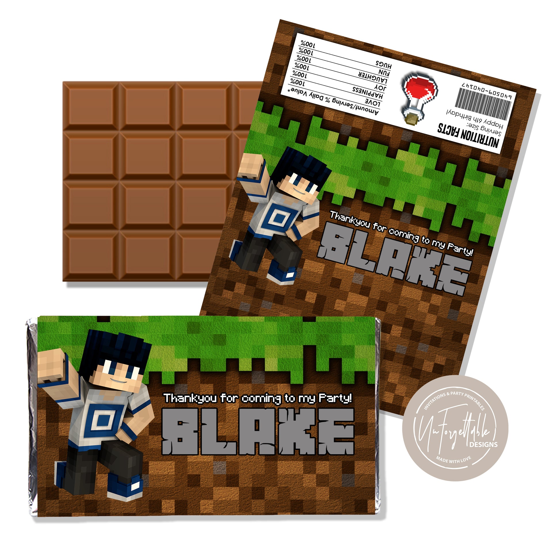 MINECRAFT STEVE CHOCOLATE WRAPPER UnforgettableDesigns
